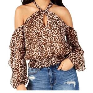 Guess Leopard Print Twist Neck Crop Top S Cold Shoulder Ruffle Sleeve Y2K